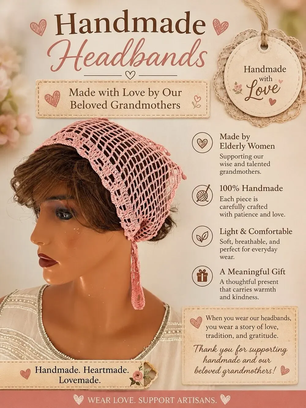 Handmade Crochet Hair Bandana | Lightweight Summer Head Scarf | Cotton Head Wrap